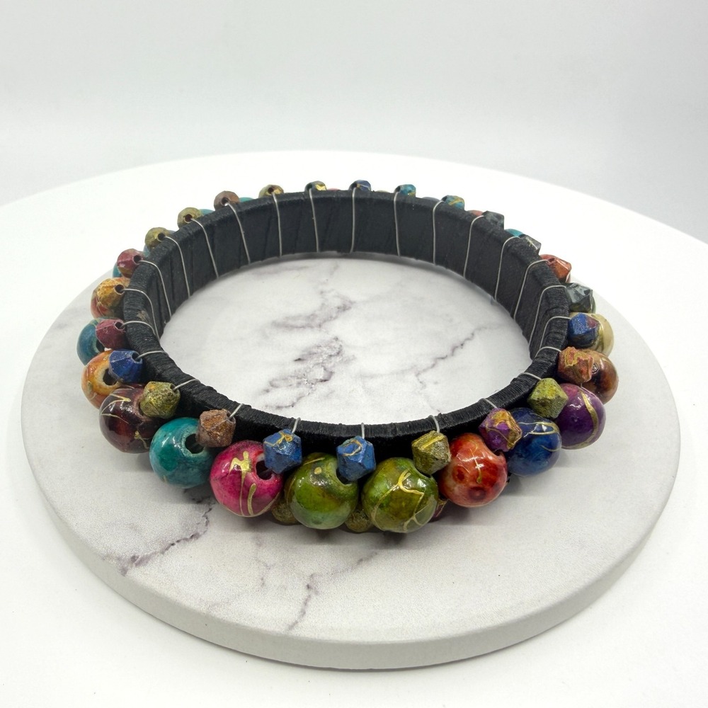 Bohemian Artisan Multi-Color Beaded Black Fabric Wrapped Bangle Statement Cuff